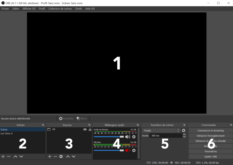 L'écran principal d'OBS Studio donne accès à l'ensemble des fonctions d'enregistrement vidéo au travers de différents menus