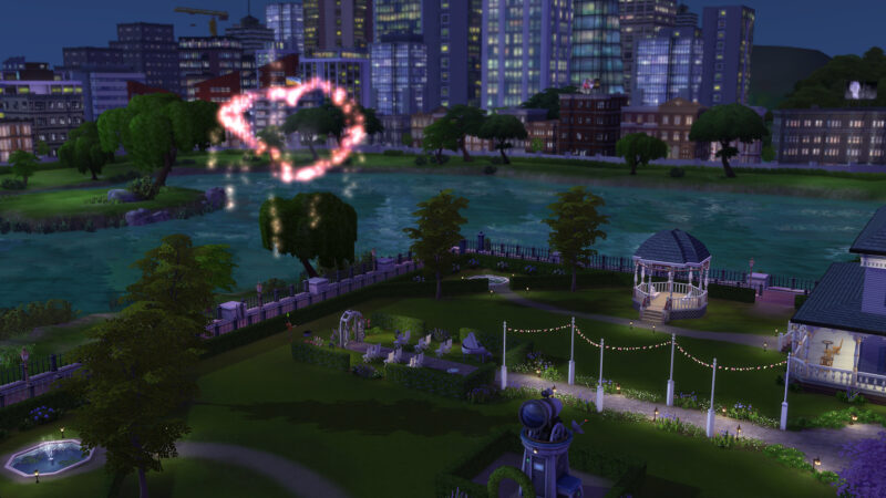 Les Sims 4 Vie Citadine nous offre une ville aux multiples potentiels, comme en témoigne ce mariage organisé dans le Parc