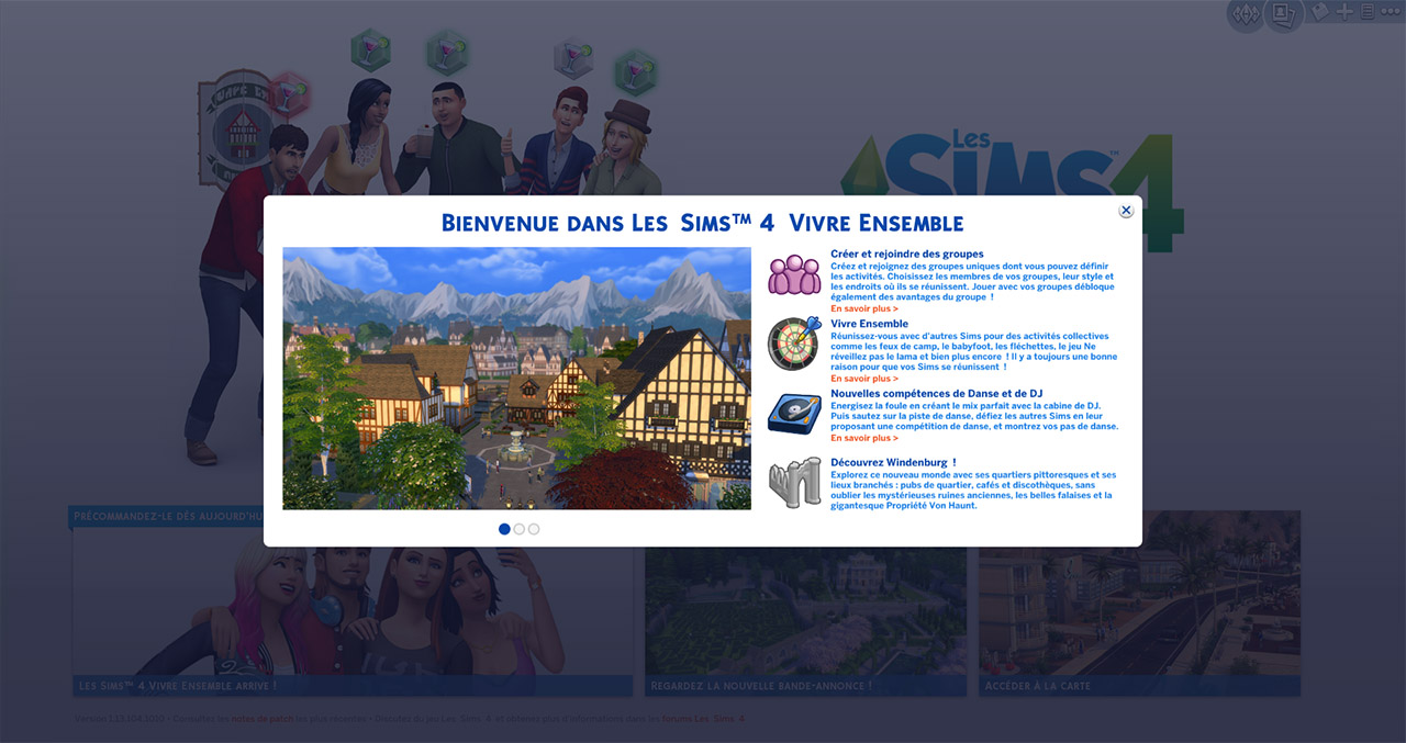 L'écran d'accueil qui s'affiche après l'installation des Sims 4 Vivre Ensemble