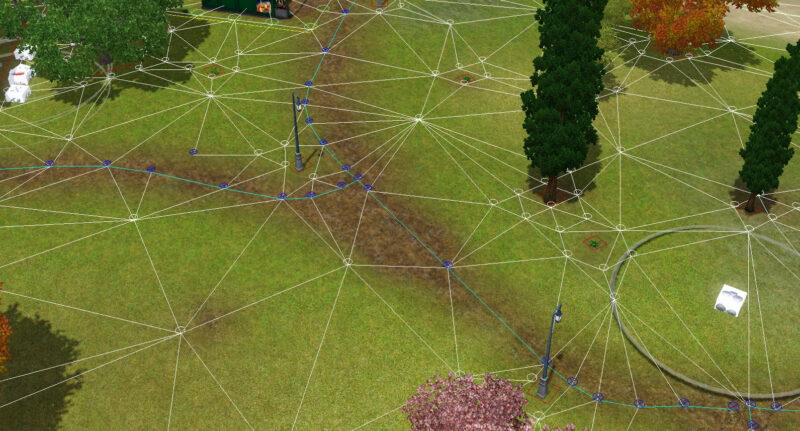 Exemple de données de routage visibles sur un chemin d'un monde dans Les Sims 3 (en bleu clair et bleu foncé)